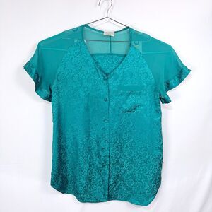 Vintage Val Mode Satin Nightshirt Nightgown Teal Green Button Down Sheer Sz 1X